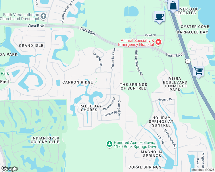 map of restaurants, bars, coffee shops, grocery stores, and more near 1610 Kinsale Court in Melbourne