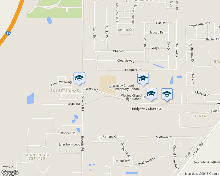map of restaurants, bars, coffee shops, grocery stores, and more near 30243 Wells Road in Wesley Chapel