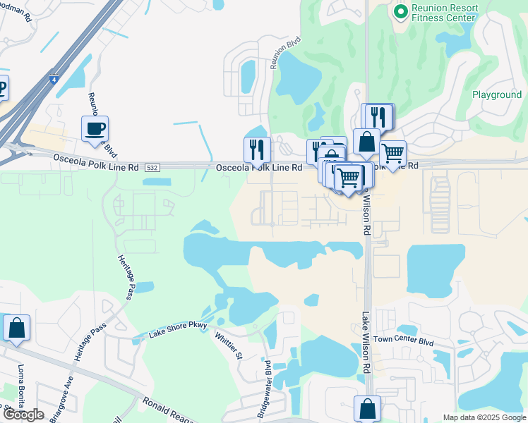 map of restaurants, bars, coffee shops, grocery stores, and more near Osceola Polk Line Road in Davenport