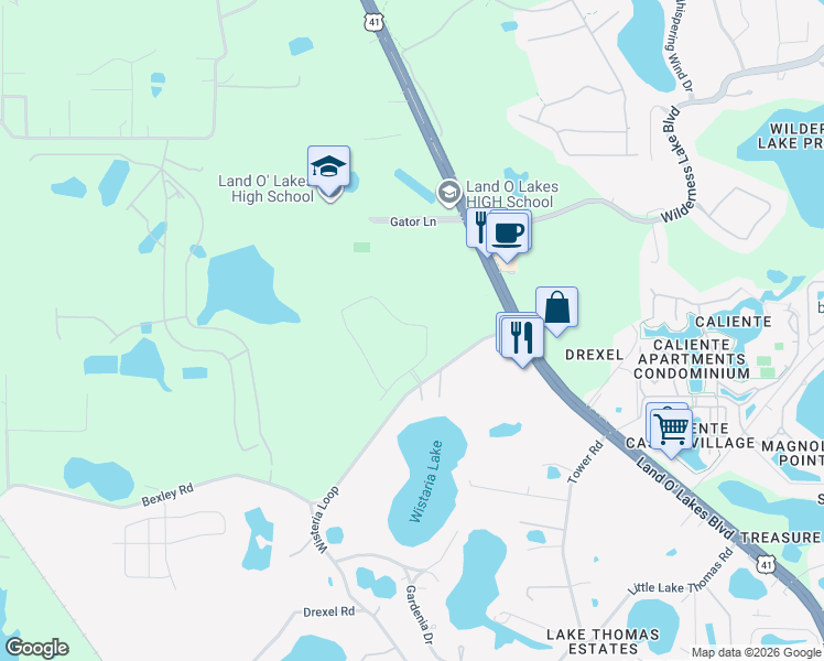 map of restaurants, bars, coffee shops, grocery stores, and more near 20556 Monza Loop in Land O' Lakes