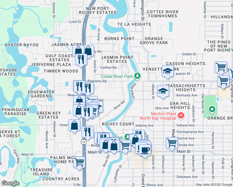 map of restaurants, bars, coffee shops, grocery stores, and more near 5502 Kentucky Avenue in New Port Richey