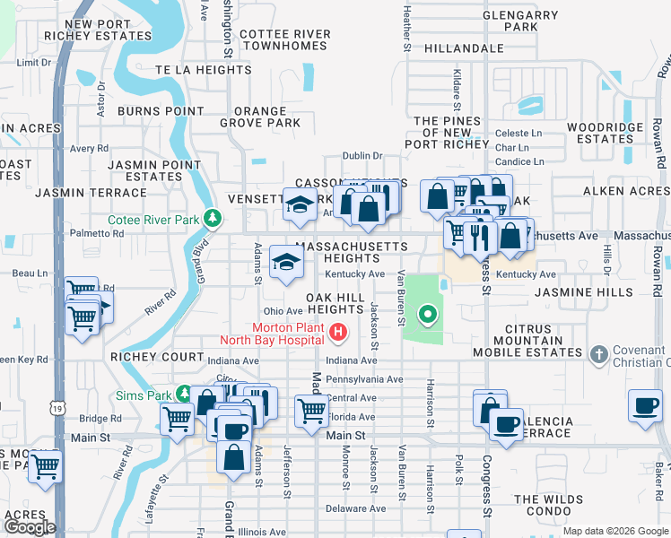 map of restaurants, bars, coffee shops, grocery stores, and more near 6823 Oak Hill Drive in New Port Richey