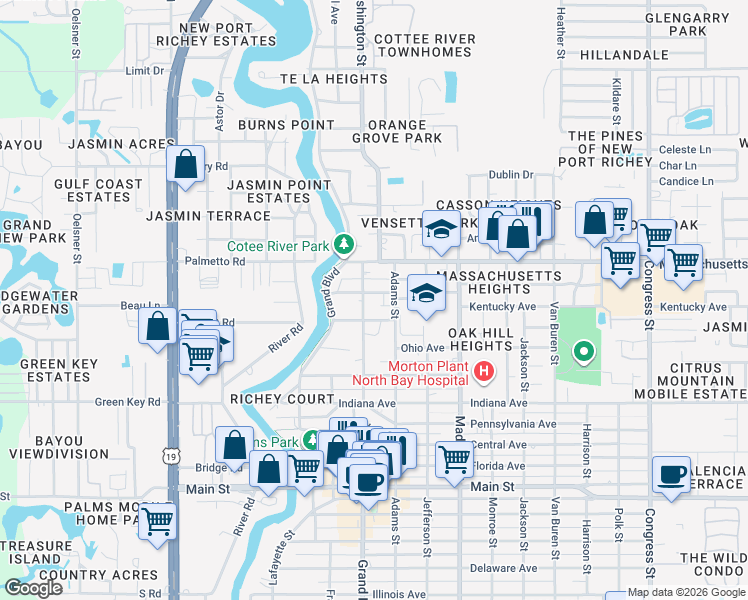 map of restaurants, bars, coffee shops, grocery stores, and more near 5738 Vermont Avenue in New Port Richey