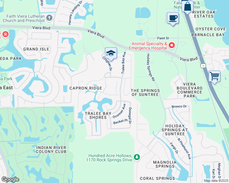 map of restaurants, bars, coffee shops, grocery stores, and more near 1610 Kinsale Court in Melbourne