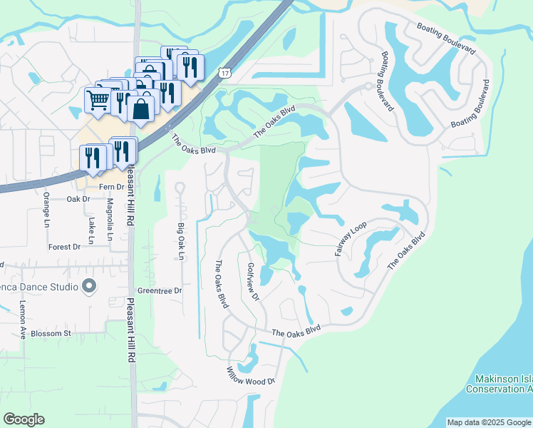 map of restaurants, bars, coffee shops, grocery stores, and more near 1500 The Oaks Boulevard in Kissimmee