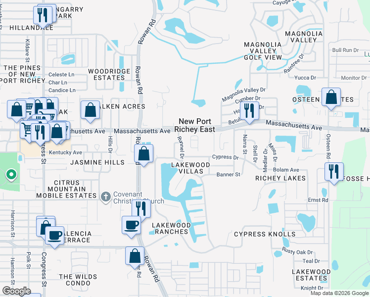 map of restaurants, bars, coffee shops, grocery stores, and more near 6834 Runnel Drive in New Port Richey