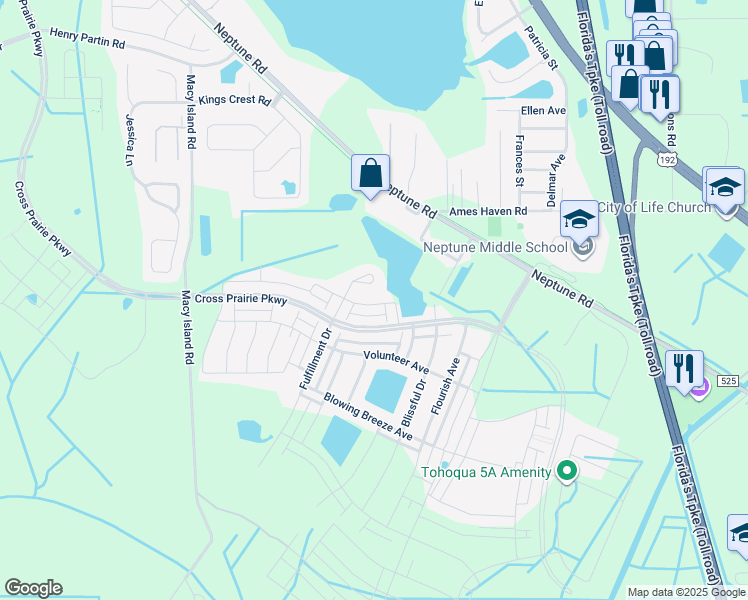 map of restaurants, bars, coffee shops, grocery stores, and more near 2475 Volunteer Avenue in Kissimmee
