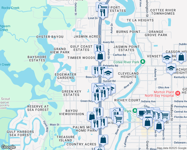 map of restaurants, bars, coffee shops, grocery stores, and more near 5128 Beau Lane in New Port Richey