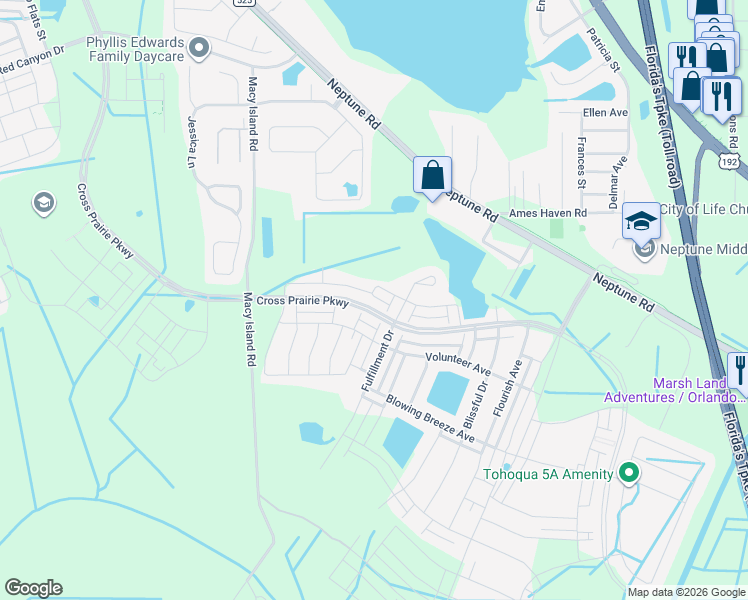 map of restaurants, bars, coffee shops, grocery stores, and more near 2451 Volunteer Avenue in Kissimmee