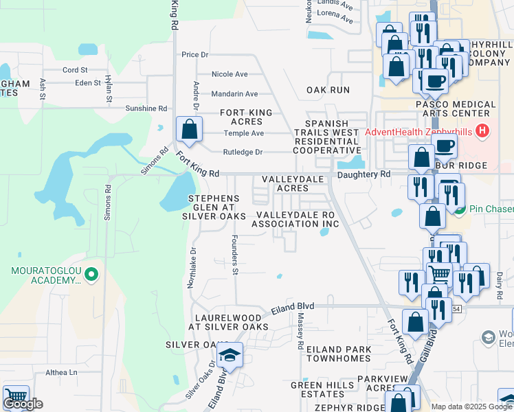 map of restaurants, bars, coffee shops, grocery stores, and more near 6830 Founders Street in Zephyrhills
