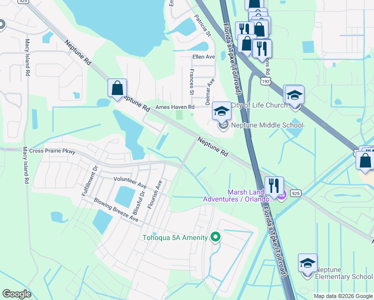 map of restaurants, bars, coffee shops, grocery stores, and more near Tohoqua Boulevard in Kissimmee