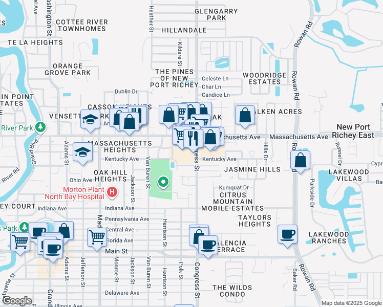 map of restaurants, bars, coffee shops, grocery stores, and more near 6417 Sentry Way in New Port Richey