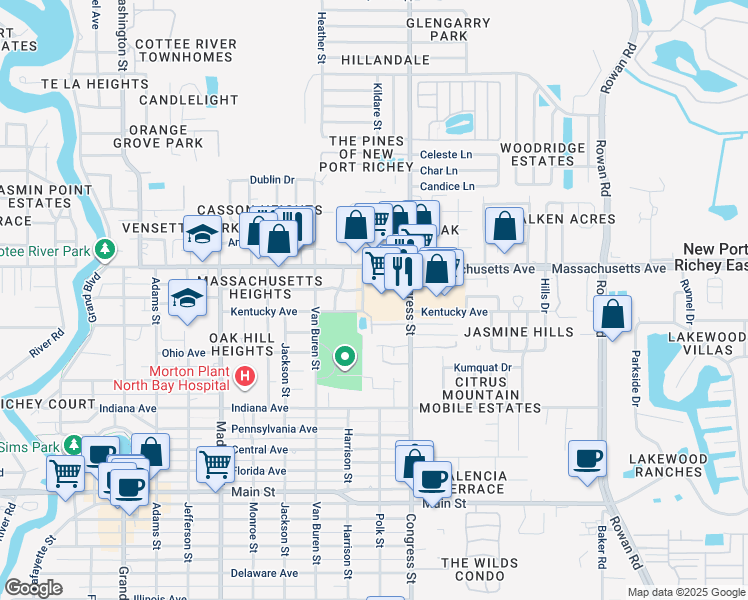 map of restaurants, bars, coffee shops, grocery stores, and more near 6417 Sentry Way in New Port Richey