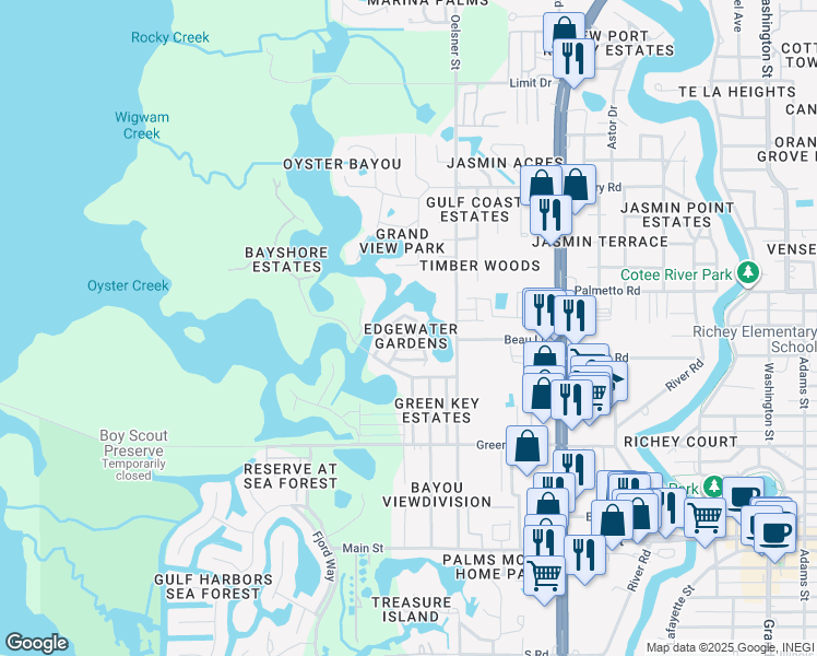 map of restaurants, bars, coffee shops, grocery stores, and more near 6853 Garden Drive in New Port Richey