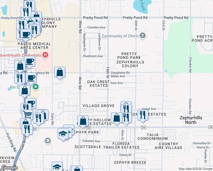 map of restaurants, bars, coffee shops, grocery stores, and more near 6753 16th Street in Zephyrhills