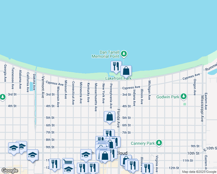 map of restaurants, bars, coffee shops, grocery stores, and more near 213 New York Avenue in St. Cloud