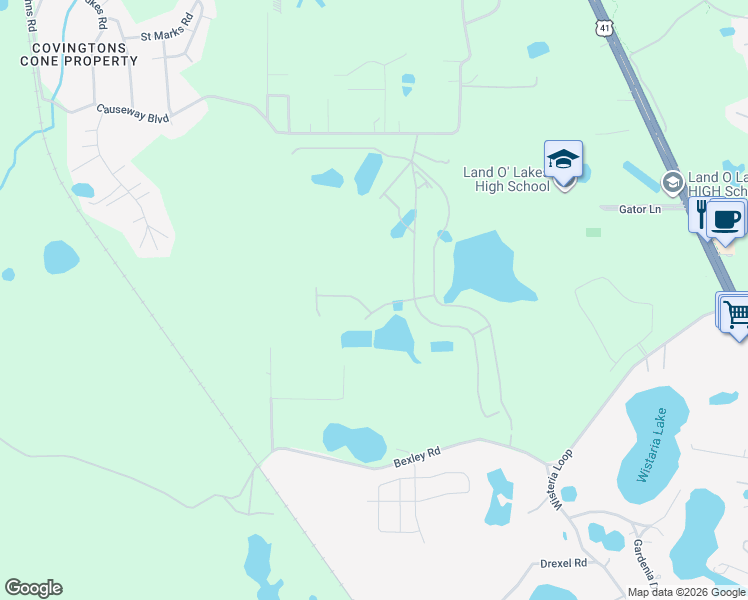 map of restaurants, bars, coffee shops, grocery stores, and more near 19955 Bexley Road in Land O' Lakes