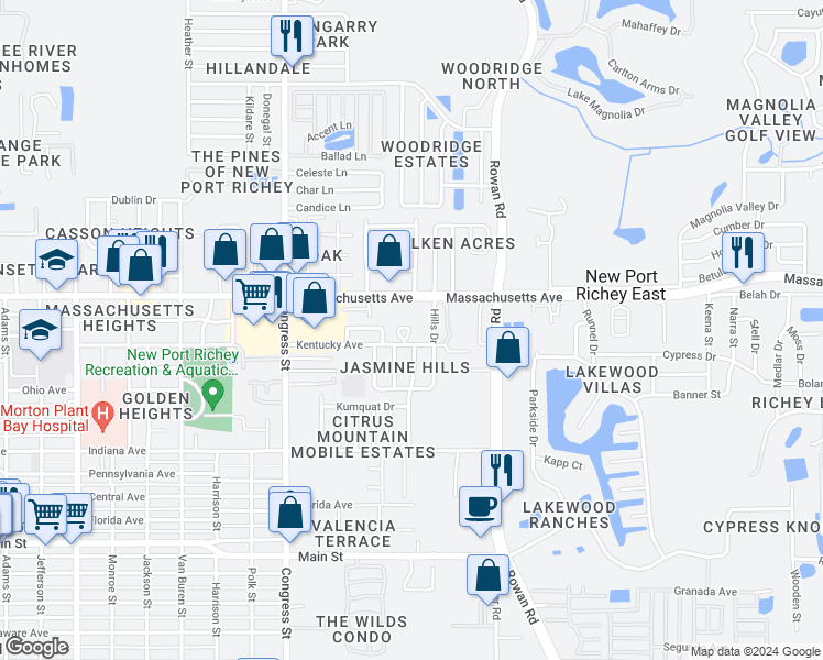 map of restaurants, bars, coffee shops, grocery stores, and more near 6931 Ian Court in New Port Richey
