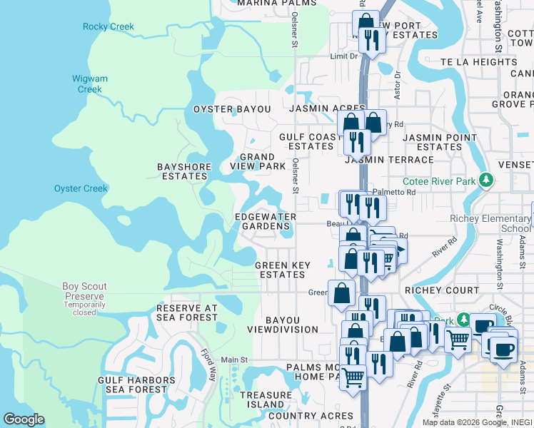 map of restaurants, bars, coffee shops, grocery stores, and more near 4841 Coral Court in New Port Richey