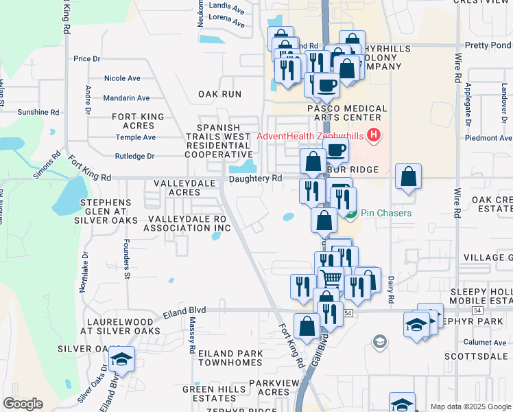 map of restaurants, bars, coffee shops, grocery stores, and more near 6830 Jeter Lane in Zephyrhills