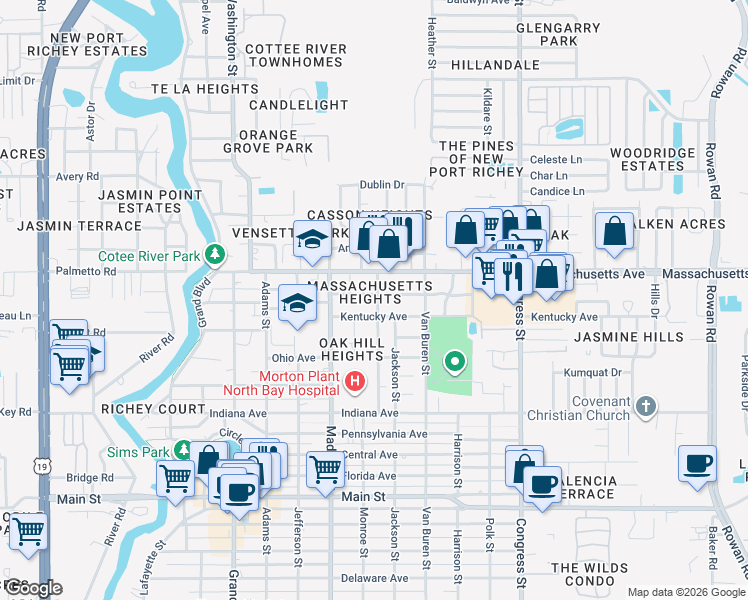 map of restaurants, bars, coffee shops, grocery stores, and more near 6131 Kentucky Avenue in New Port Richey