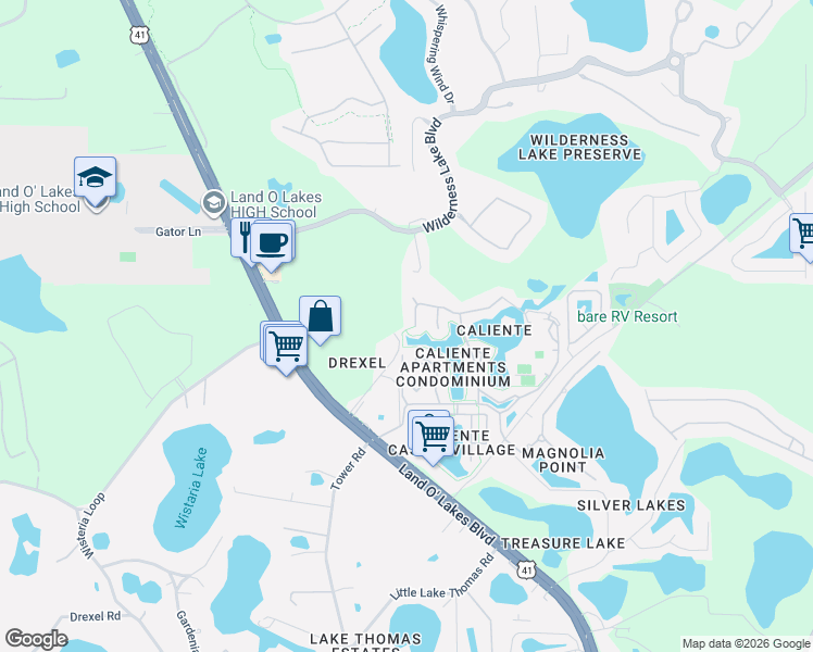 map of restaurants, bars, coffee shops, grocery stores, and more near 6815 Dali Avenue in Land O' Lakes