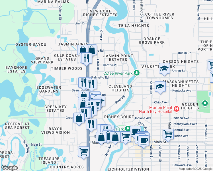 map of restaurants, bars, coffee shops, grocery stores, and more near 6911 Julia Court in Port Richey