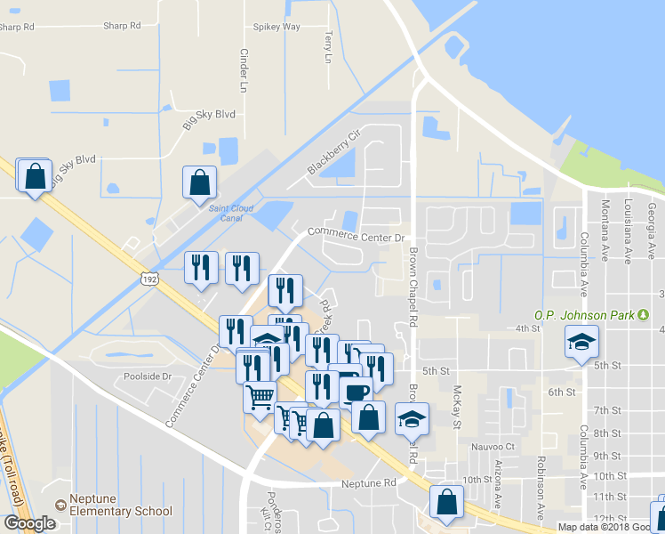 map of restaurants, bars, coffee shops, grocery stores, and more near 4019 Pemberly Pines Circle in Saint Cloud
