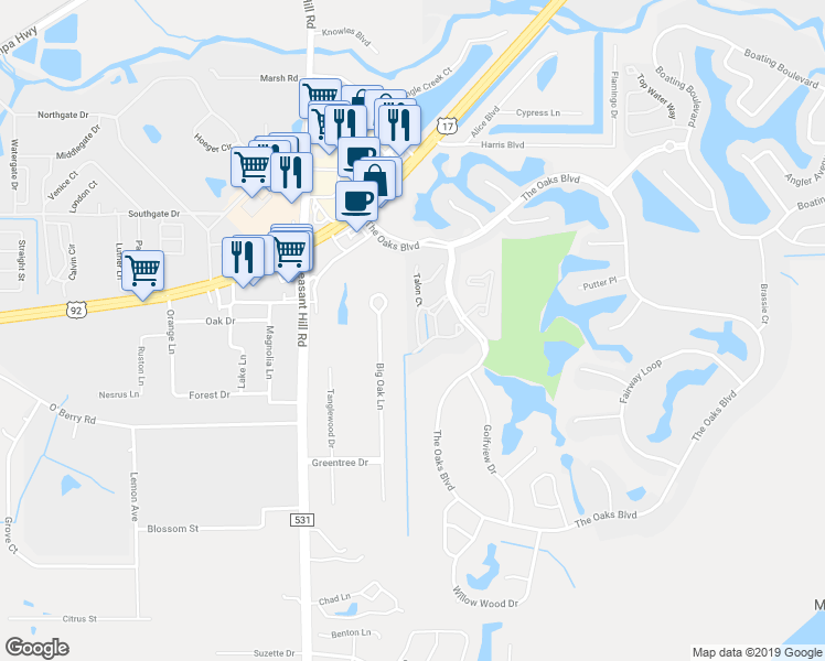 map of restaurants, bars, coffee shops, grocery stores, and more near 2804 Eagle Eye Court in Kissimmee