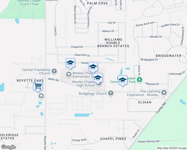 map of restaurants, bars, coffee shops, grocery stores, and more near 30651 Wells Road in Wesley Chapel