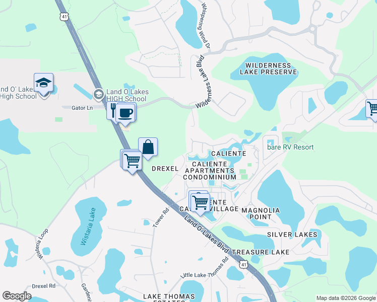 map of restaurants, bars, coffee shops, grocery stores, and more near 21007 Los Cabos Court in Land O' Lakes