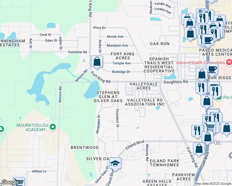 map of restaurants, bars, coffee shops, grocery stores, and more near 6935 Stephens Path in Zephyrhills