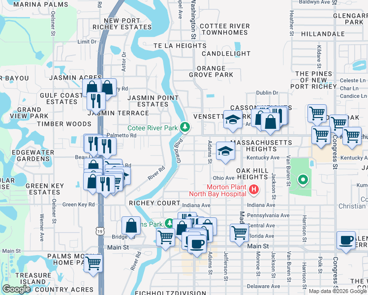 map of restaurants, bars, coffee shops, grocery stores, and more near 6942 Grand Boulevard in Port Richey
