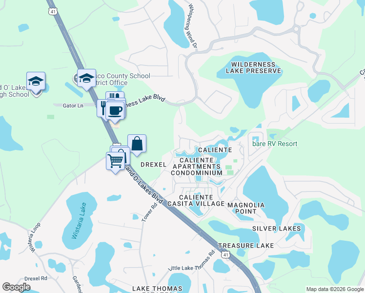 map of restaurants, bars, coffee shops, grocery stores, and more near 6927 Cozumel Court in Land O' Lakes