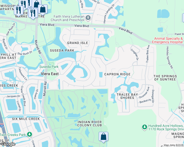 map of restaurants, bars, coffee shops, grocery stores, and more near 1525 Boca Rio Drive in Melbourne
