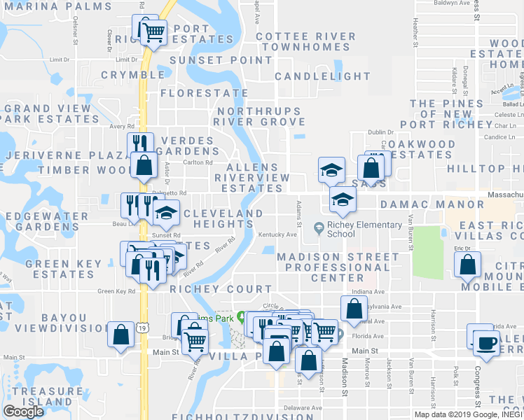 map of restaurants, bars, coffee shops, grocery stores, and more near 5647 Vermont Avenue in New Port Richey