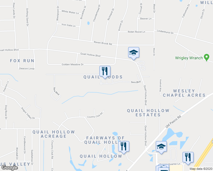 map of restaurants, bars, coffee shops, grocery stores, and more near 27542 Sora Boulevard in Wesley Chapel