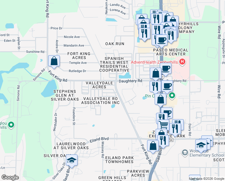 map of restaurants, bars, coffee shops, grocery stores, and more near 37522 Attica Avenue in Zephyrhills