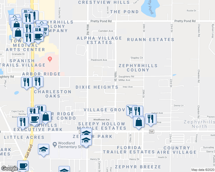 map of restaurants, bars, coffee shops, grocery stores, and more near 38643 Evelyn Lane in Zephyrhills