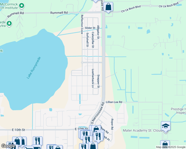 map of restaurants, bars, coffee shops, grocery stores, and more near 1709 Leatherback Lane in Saint Cloud