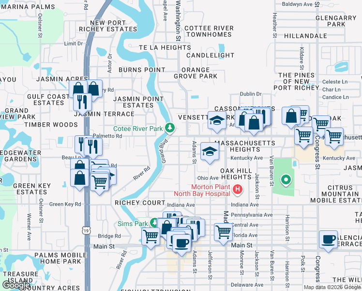 map of restaurants, bars, coffee shops, grocery stores, and more near 5744 Massachusetts Avenue in New Port Richey