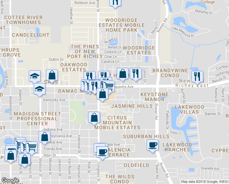 map of restaurants, bars, coffee shops, grocery stores, and more near 6616 Tonetta Way in New Port Richey