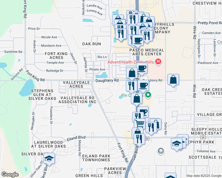 map of restaurants, bars, coffee shops, grocery stores, and more near 6930 Jeter Lane in Zephyrhills