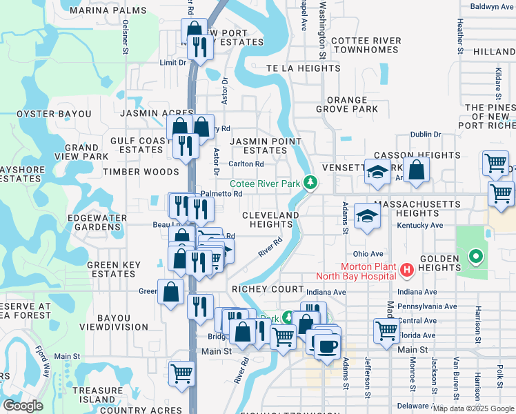 map of restaurants, bars, coffee shops, grocery stores, and more near 5506 Palmetto Road in Port Richey