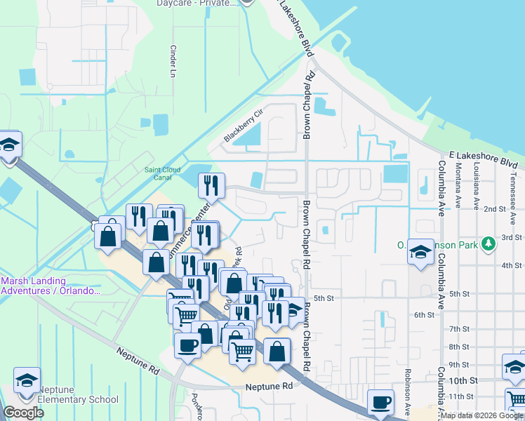map of restaurants, bars, coffee shops, grocery stores, and more near 3949 Pemberly Pines Circle in St. Cloud