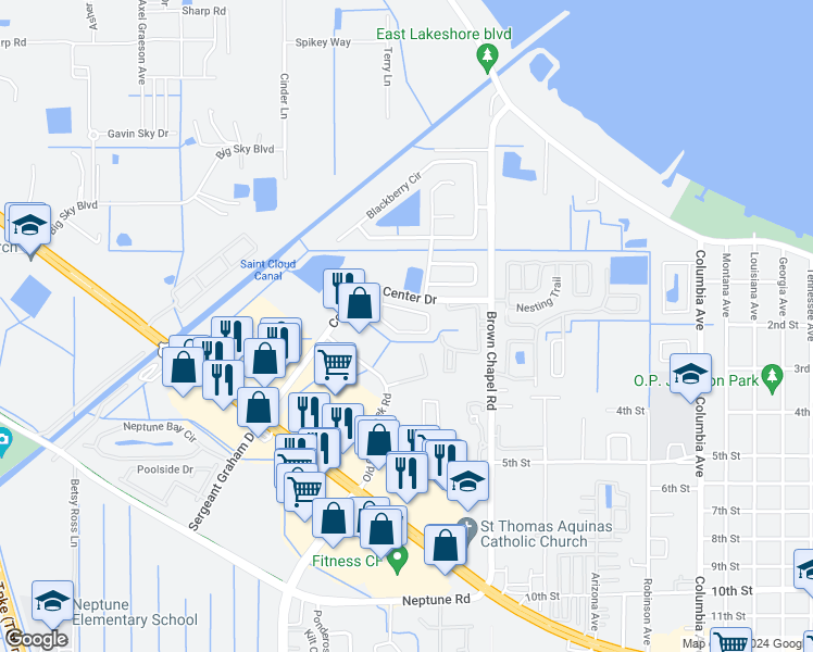 map of restaurants, bars, coffee shops, grocery stores, and more near 4004 Pemberly Pines Circle in Saint Cloud