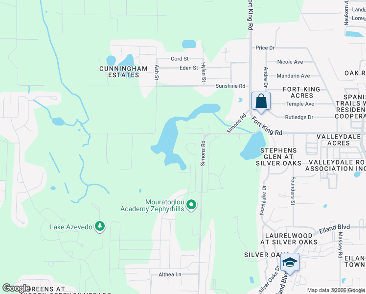 map of restaurants, bars, coffee shops, grocery stores, and more near 36625 Paddock Lane in Zephyrhills