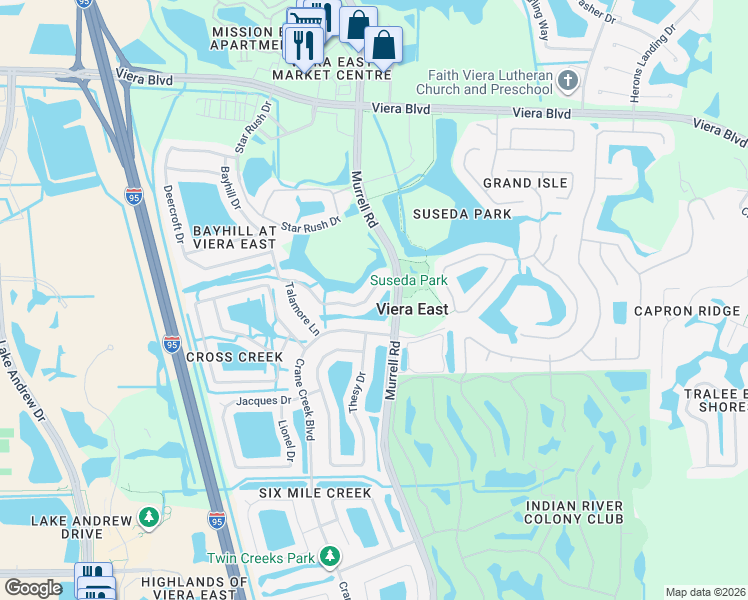 map of restaurants, bars, coffee shops, grocery stores, and more near 1874 Bayhill Drive in Melbourne