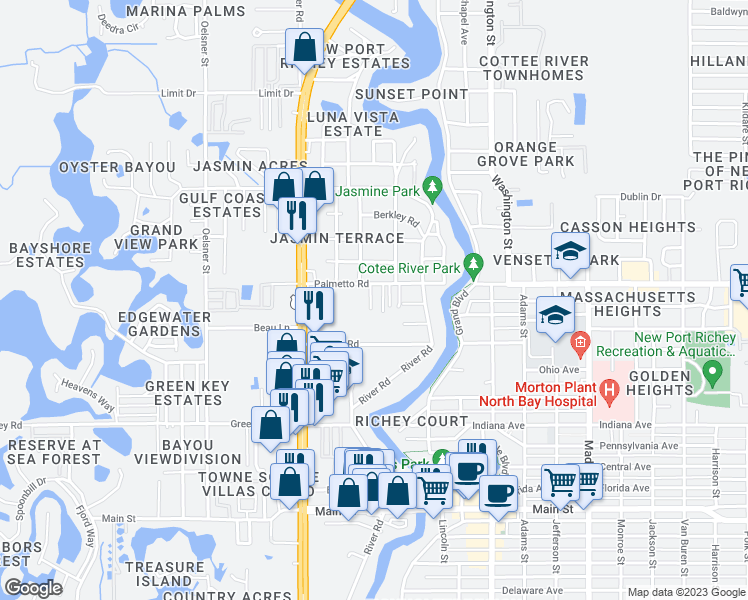 map of restaurants, bars, coffee shops, grocery stores, and more near 6916 Julia Court in Port Richey