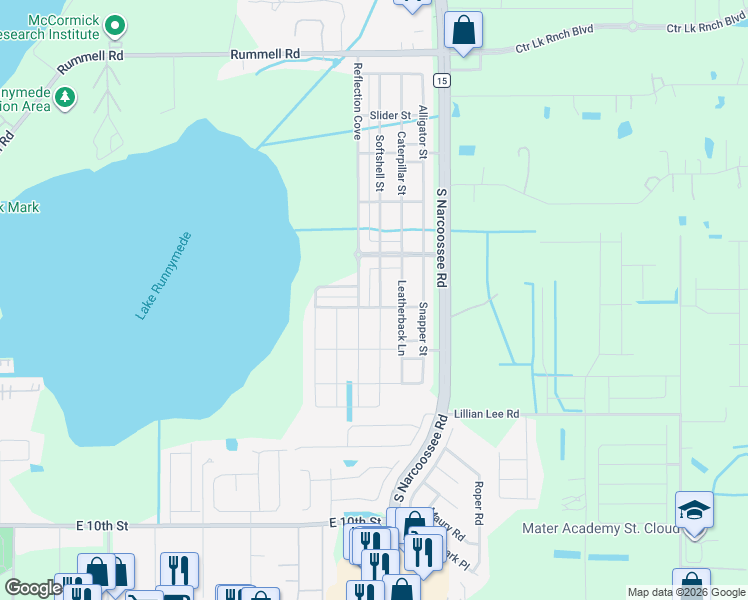 map of restaurants, bars, coffee shops, grocery stores, and more near 1630 Hawksbill Lane in Saint Cloud